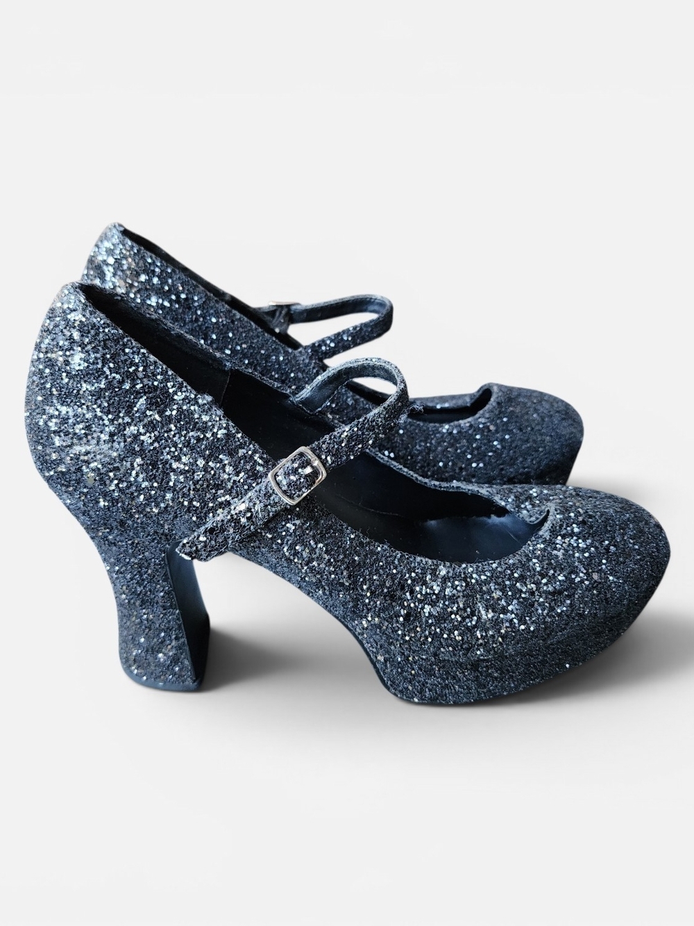 Funtasma Black Glitter Mary Jane Platform Heels Women's Sz 10 Disco Chunky Party